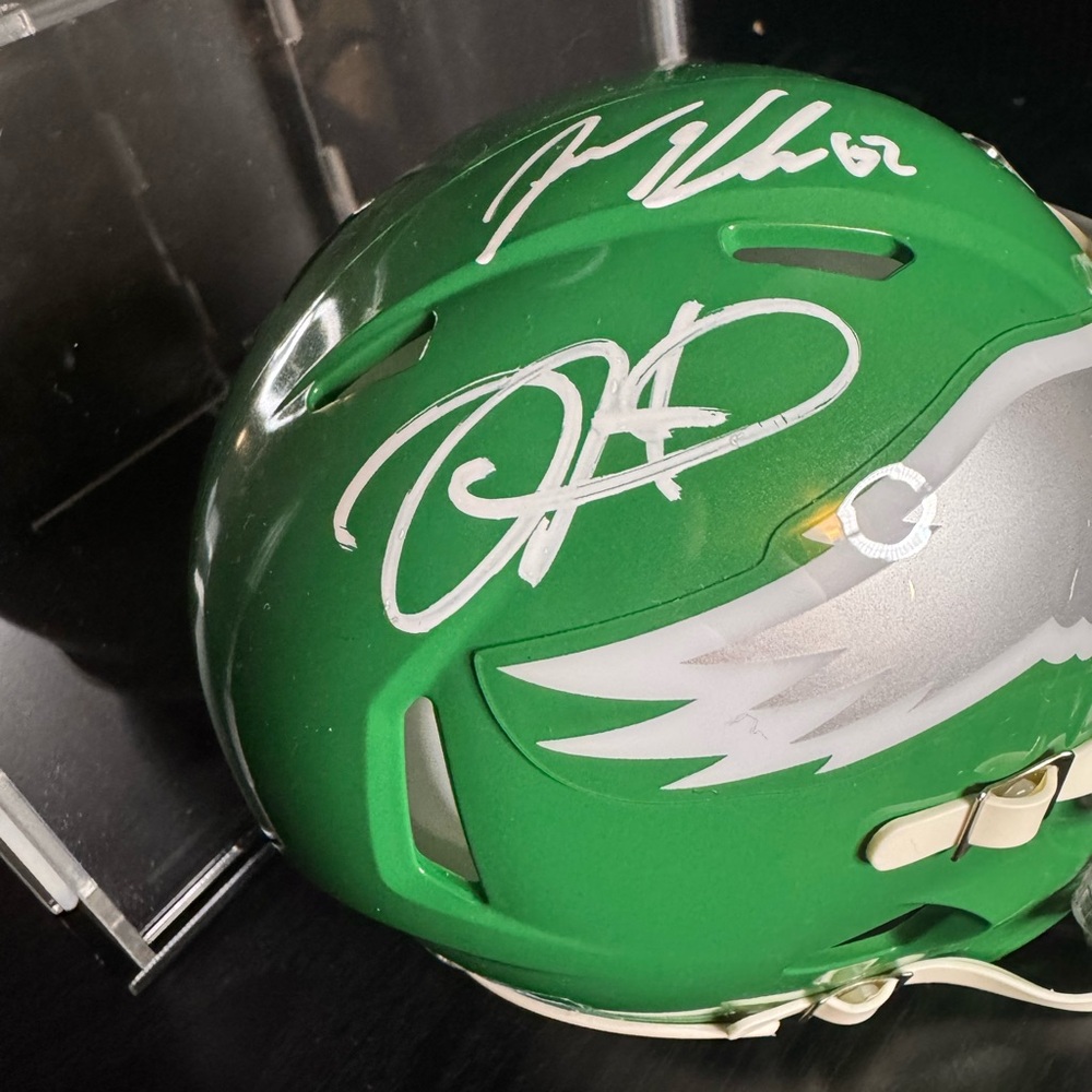 Jalen Hurts/Jason Kelce Double Autographed Beckett Certified mini helmet